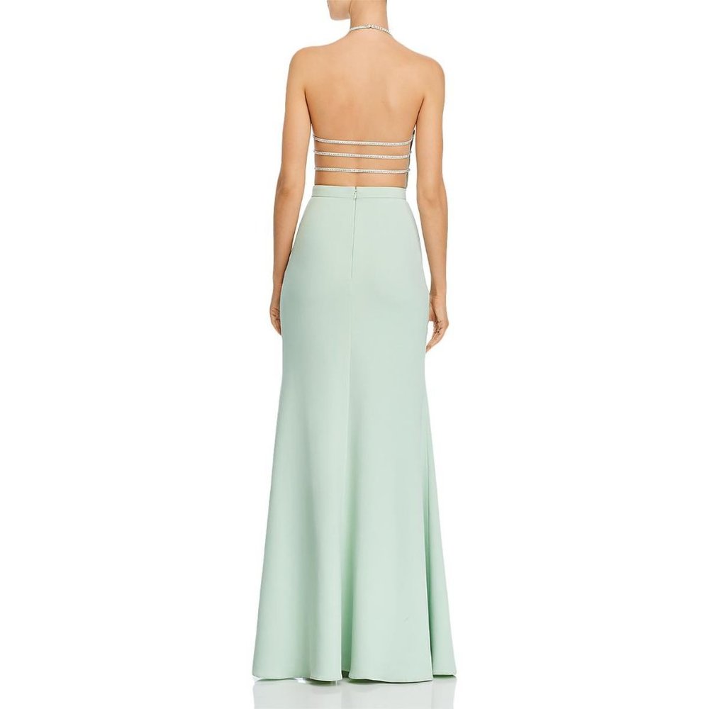 AQUA EMBELLISHED HALTER EVENING DRESS - Picture 2 of 16